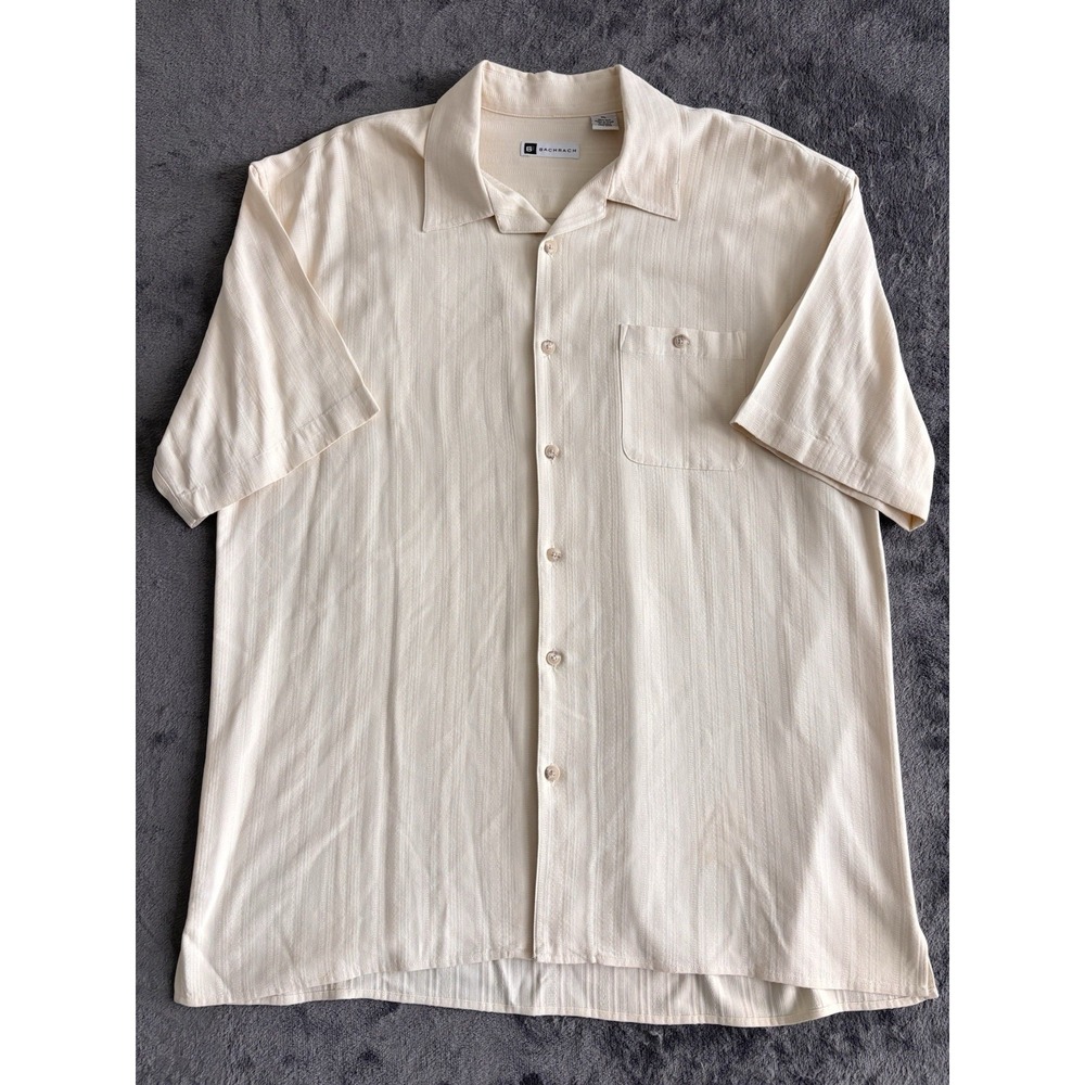 Bachrach Mens Silk Button Up Shirt XL Cream Textured Short Sleeve Camp 100% Silk